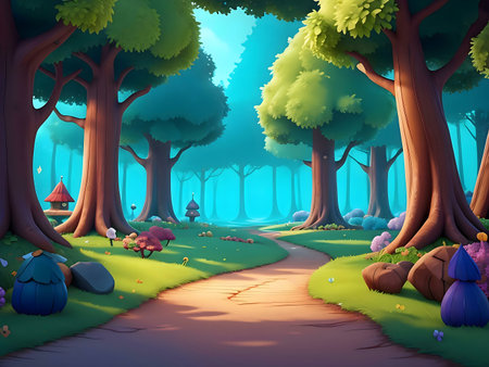 A digital painting depicting a whimsical forest path bathed in sunlight. The scene is filled with vibrant greens and magical elements.の写真素材