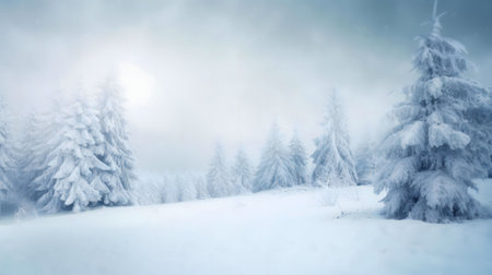 A breathtaking winter scene. Snow-covered trees in a misty forest, tranquil and serene.の写真素材