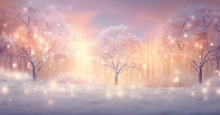 A magical winter forest scene with glowing trees and sparkling snow.の写真素材