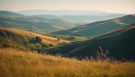 Stunning sunset over rolling hills and golden fields. Peaceful countryside scene.の写真素材