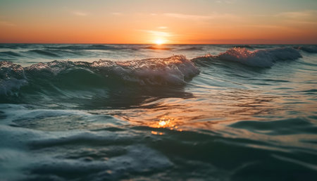 Serene sunset over the ocean with gentle waves.の写真素材