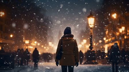 A woman walks alone through a snowy city at night. Warm lights shine, creating a serene atmosphere.の写真素材