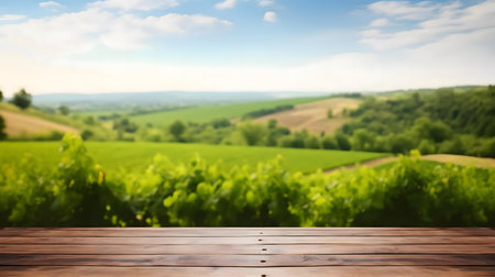 A stunning view of a vineyard with a wooden table in the foreground, ideal for showing products related to wine, nature, or rural life.の写真素材