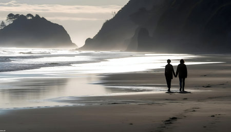 A couple walks hand-in-hand along a tranquil beach as the sun sets, silhouetted against the stunning coastal landscape.の写真素材
