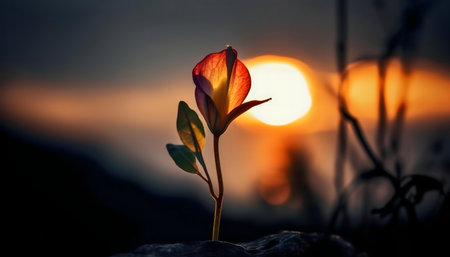 A single flower backlit by the setting sun, creating a stunning silhouette against the warm glow of the sky.の写真素材