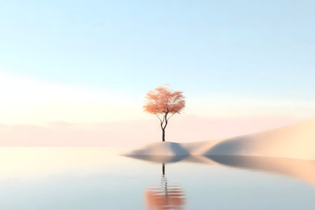 Single tree reflected in tranquil water at dawn. Minimalist serene scene.の写真素材