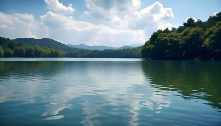 Tranquil lake reflecting mountains and sky. Peaceful nature scene.の写真素材