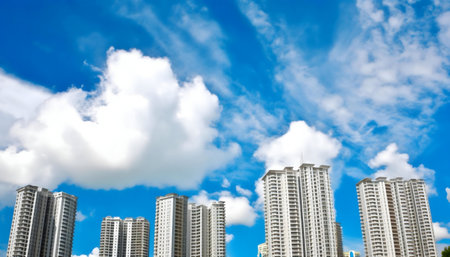 White apartment buildings against a vibrant blue sky and fluffy clouds.の写真素材