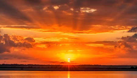 Stunning sunset over a calm lake. Orange and red hues dominate the sky.の写真素材