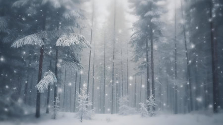 A serene winter wonderland, showcasing a snow-covered forest with falling snowflakes.の写真素材
