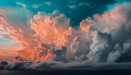 Fiery sunset paints the sky with dramatic clouds.の写真素材