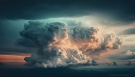 A breathtaking view of a massive cumulonimbus cloud formation during sunset. Dramatic colors and...