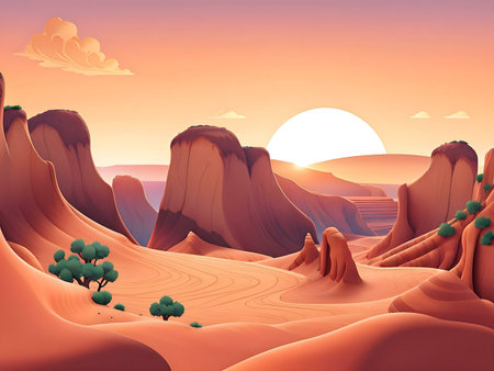 Digital painting of a serene desert canyon sunset. Warm colors dominate this peaceful landscape.の写真素材