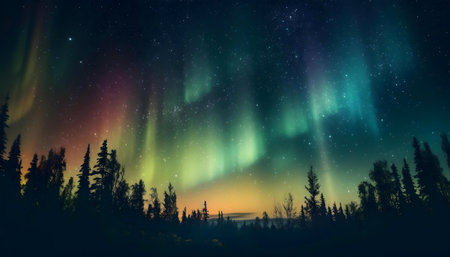 Vibrant Aurora Borealis illuminating a dark forest at night.の写真素材