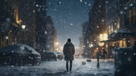 A lone figure walks down a snow-covered city street at night.の写真素材