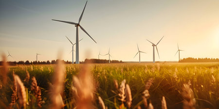 Wind turbines in a field at sunset. Clean energy concept.