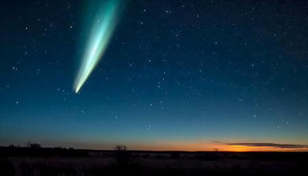 Comet Neowise streaks across a starlit sky above a flat landscape at sunset.の写真素材