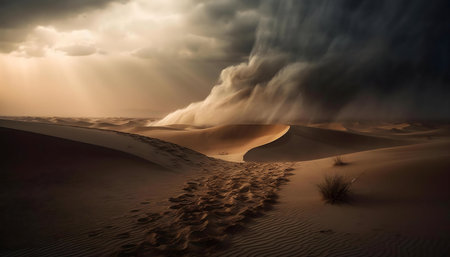 Dramatic desert landscape with a powerful sandstormの写真素材