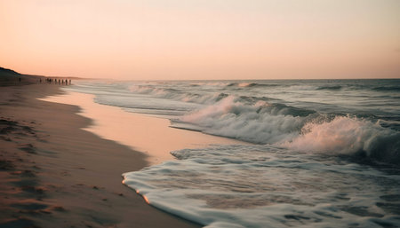 Peaceful sunset over the beach, waves gently lapping the shore.の写真素材