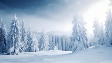 A breathtaking winter scene showing snow-laden trees in a mountainous forest. Serenity and peacefulness emanate from this frosty wonderland.の写真素材