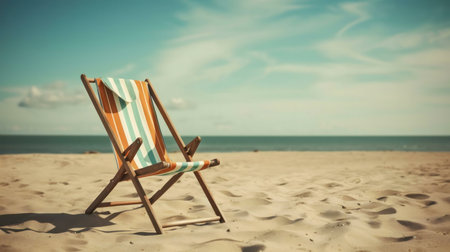 A striped beach chair sits on the sandy shore, ocean view.の写真素材