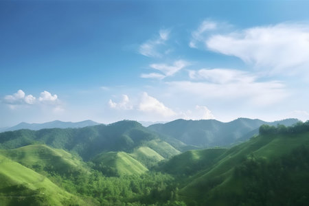 Picturesque mountain range with lush green hills and a vibrant blue sky. Peaceful and serene.の写真素材