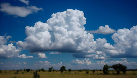 Stunning cumulus clouds dominate a vibrant blue sky over an expansive African savanna.の写真素材