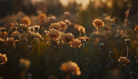Peach-colored flowers bathed in the golden light of sunset. A serene and peaceful scene.の写真素材