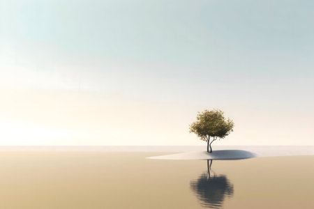 A single tree stands on a small island, reflecting in the still water. Serenityの写真素材