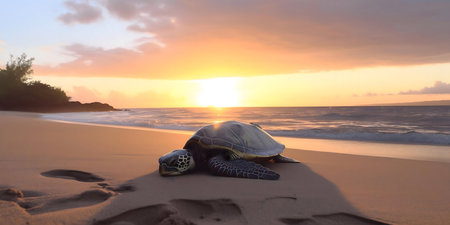 Sea turtle resting on a sandy beach during a breathtaking sunset. Peaceful scene.