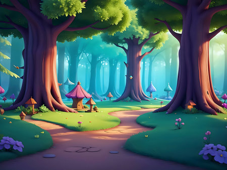 A digital illustration of a whimsical forest path. Lush green trees, vibrant flowers and magical houses create a serene atmosphere.の写真素材
