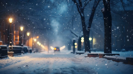 A serene winter night scene on a snow-covered street. Lights illuminate the falling snow.の写真素材