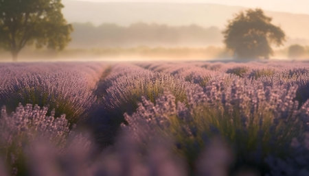 Misty lavender field at sunrise. Serene and peaceful summer morning.の写真素材