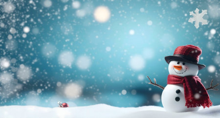 A cheerful snowman in a winter scene. Perfect for Christmas!の写真素材