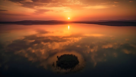 Stunning sunset reflecting on a calm lake, island at center.の写真素材