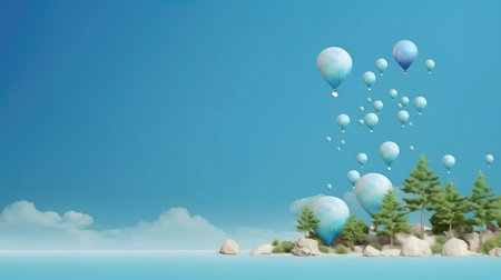 Blue balloons float above a tranquil island. Peaceful scene.の写真素材