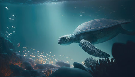 A giant sea turtle gracefully swims through a vibrant coral reef, surrounded by schools of fish. The...
