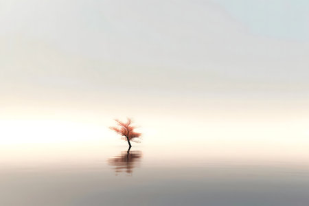 A single tree stands in calm water, reflecting the soft sunrise. Minimalist nature scene.の写真素材