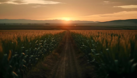 Sunset over a wheat and corn field. Peaceful and serene.の写真素材
