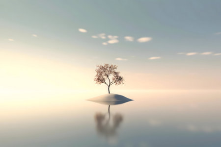 A solitary tree stands on a small island, its reflection mirroring in the calm water. Peaceful scene.の写真素材