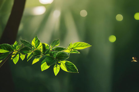 Green leaves bathed in sunlight, a tranquil scene.の写真素材