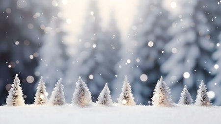 Miniature snow-covered trees in a snowy forest, winter wonderland scene.の写真素材