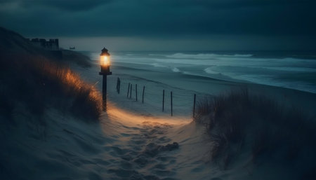 A solitary lantern lights a sandy path at night, leading to the sea.の写真素材