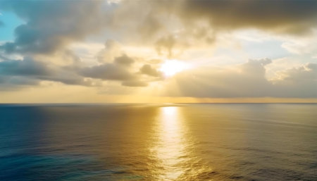 Stunning sunset over the ocean, golden light reflecting on the water.