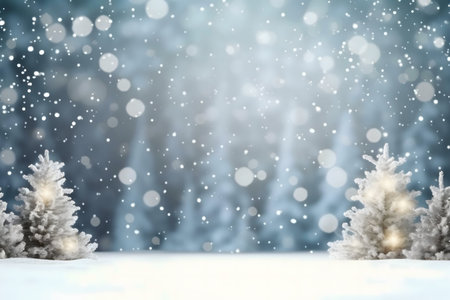 A magical winter scene featuring snow-covered trees illuminated with warm lights in a serene forest.の写真素材