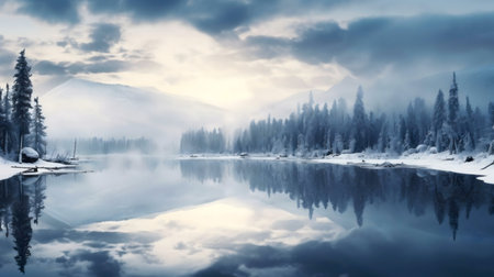 A tranquil winter scene of a snow-covered mountain reflecting in a still lake, surrounded by a misty...