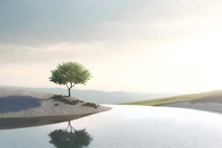 A single tree stands on a small island, its reflection mirrored in a calm lake. Serene sunrise.の写真素材