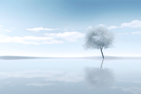 A single tree reflected in still, icy water under a pale winter sky.の写真素材