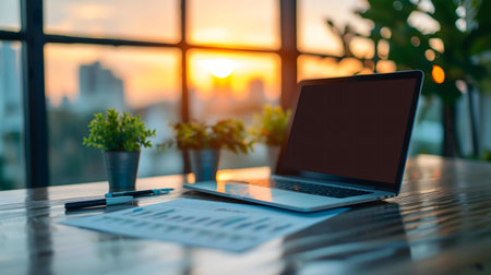 Laptop on desk, sunset view, charts, plants. Modern office workspace.の写真素材
