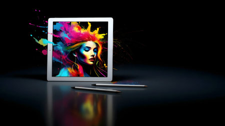 A tablet showcasing vibrant digital art of a woman. Stylus pens lie beside it.